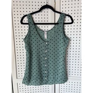 Love Notes Women's M? Green w/ Black Polka Dots Sheer Tank Top Blouse Chiffon